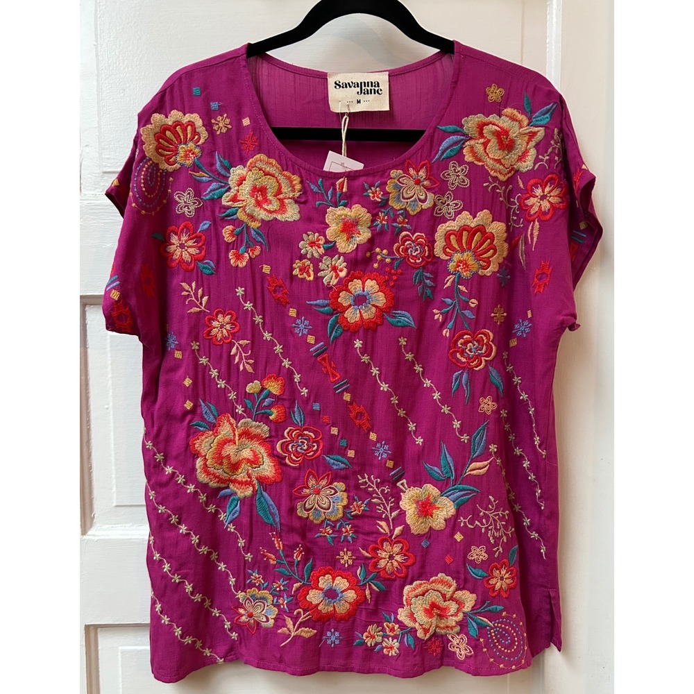 Savanna Jane Magenta Floral Embroidered Short Sleeve Boho Top Size M NEW!